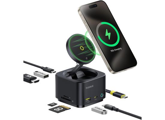 Baseus MagPro Series II 7-in-1 USB-C Hub with 15W Qi2 Wireless Charger, 4K@60Hz HDMI, 100W PD, 10Gbps Ports, SD Card Reader – Black